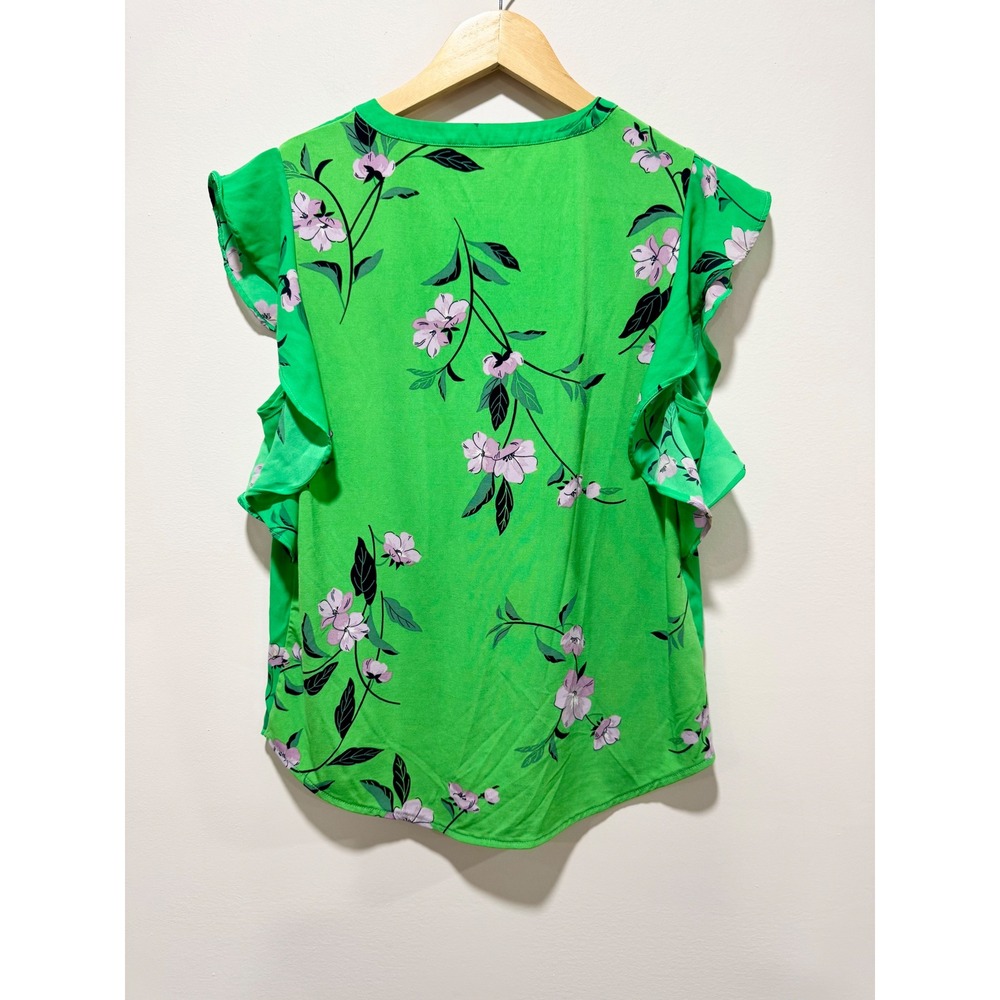 Ann Taylor Green Floral Ruffle Cap Sleeve Split V-Neck Blouse Petite Small SP - Picture 2 of 3